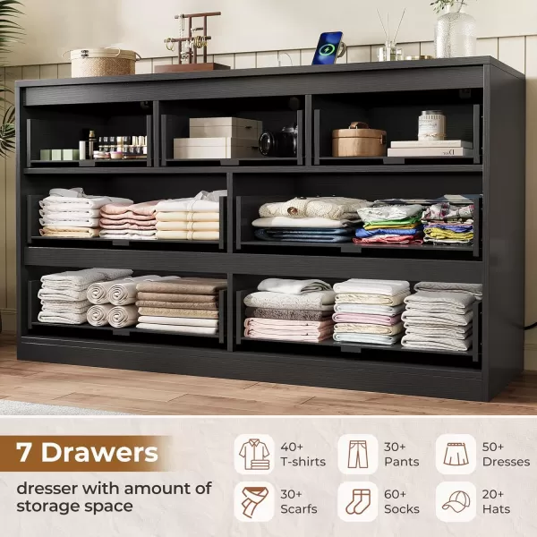 VIAGDO White 9 Drawer Dresser with Charging Station Wood Tall Chest of Drawers for Bedroom Modern Handleless Drawer Cabinet Large Capacity Storage Organizer for Living Room EntrywayBlack