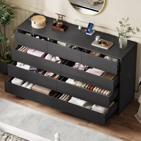VIAGDO White 9 Drawer Dresser with Charging Station Wood Tall Chest of Drawers for Bedroom Modern Handleless Drawer Cabinet Large Capacity Storage Organizer for Living Room EntrywayBlack