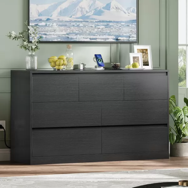 VIAGDO White 9 Drawer Dresser with Charging Station Wood Tall Chest of Drawers for Bedroom Modern Handleless Drawer Cabinet Large Capacity Storage Organizer for Living Room EntrywayBlack