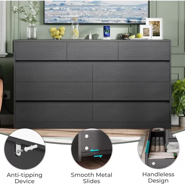 VIAGDO White 9 Drawer Dresser with Charging Station Wood Tall Chest of Drawers for Bedroom Modern Handleless Drawer Cabinet Large Capacity Storage Organizer for Living Room EntrywayBlack