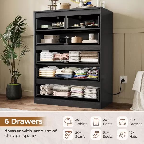 VIAGDO White 9 Drawer Dresser with Charging Station Wood Tall Chest of Drawers for Bedroom Modern Handleless Drawer Cabinet Large Capacity Storage Organizer for Living Room EntrywayBlack