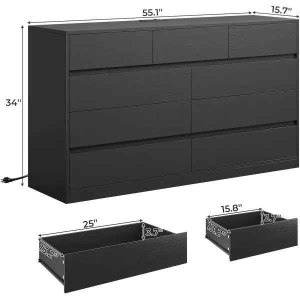 VIAGDO White 9 Drawer Dresser with Charging Station Wood Tall Chest of Drawers for Bedroom Modern Handleless Drawer Cabinet Large Capacity Storage Organizer for Living Room EntrywayBlack