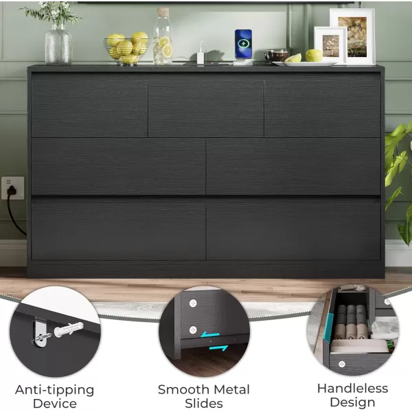 VIAGDO White 9 Drawer Dresser with Charging Station Wood Tall Chest of Drawers for Bedroom Modern Handleless Drawer Cabinet Large Capacity Storage Organizer for Living Room EntrywayBlack