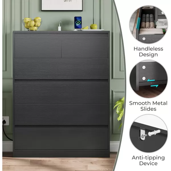 VIAGDO White 9 Drawer Dresser with Charging Station Wood Tall Chest of Drawers for Bedroom Modern Handleless Drawer Cabinet Large Capacity Storage Organizer for Living Room EntrywayBlack