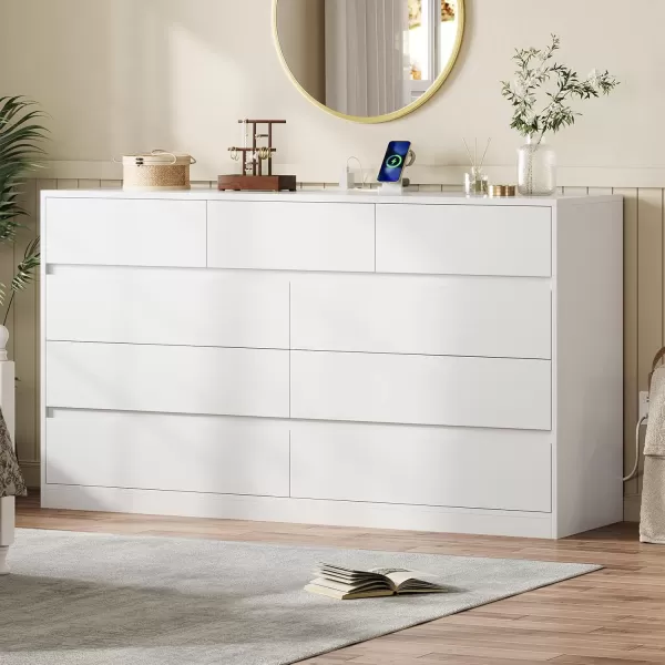 VIAGDO White 9 Drawer Dresser with Charging Station Wood Tall Chest of Drawers for Bedroom Modern Handleless Drawer Cabinet Large Capacity Storage Organizer for Living Room EntrywayWhite