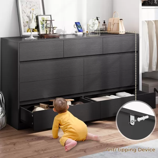 VIAGDO White 9 Drawer Dresser with Charging Station Wood Tall Chest of Drawers for Bedroom Modern Handleless Drawer Cabinet Large Capacity Storage Organizer for Living Room EntrywayBlack