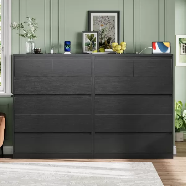 VIAGDO White 9 Drawer Dresser with Charging Station Wood Tall Chest of Drawers for Bedroom Modern Handleless Drawer Cabinet Large Capacity Storage Organizer for Living Room EntrywayBlack