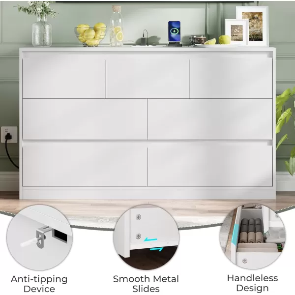 VIAGDO White 9 Drawer Dresser with Charging Station Wood Tall Chest of Drawers for Bedroom Modern Handleless Drawer Cabinet Large Capacity Storage Organizer for Living Room EntrywayWhite