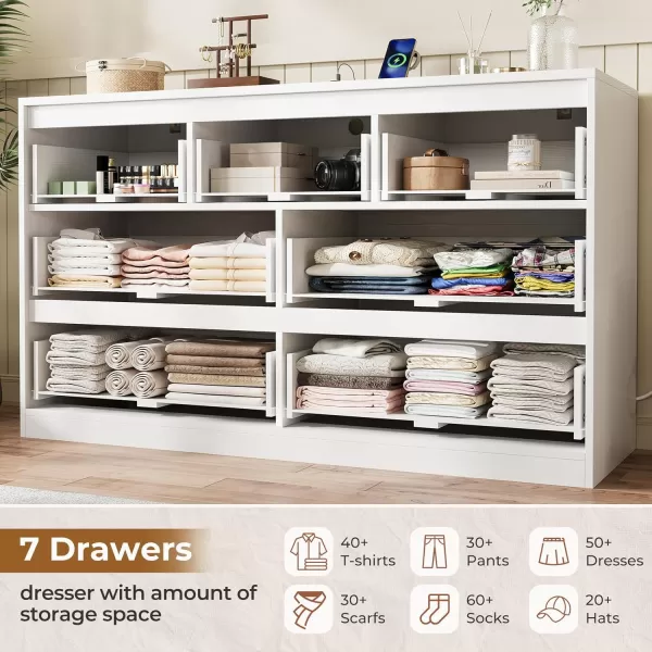 VIAGDO White 9 Drawer Dresser with Charging Station Wood Tall Chest of Drawers for Bedroom Modern Handleless Drawer Cabinet Large Capacity Storage Organizer for Living Room EntrywayWhite
