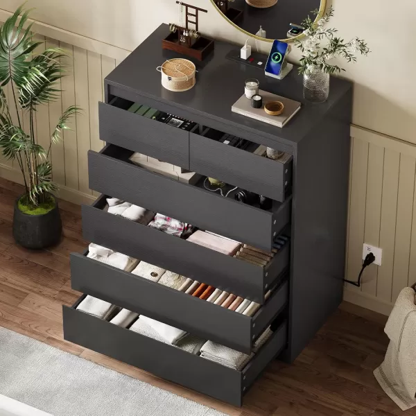 VIAGDO White 9 Drawer Dresser with Charging Station Wood Tall Chest of Drawers for Bedroom Modern Handleless Drawer Cabinet Large Capacity Storage Organizer for Living Room EntrywayBlack