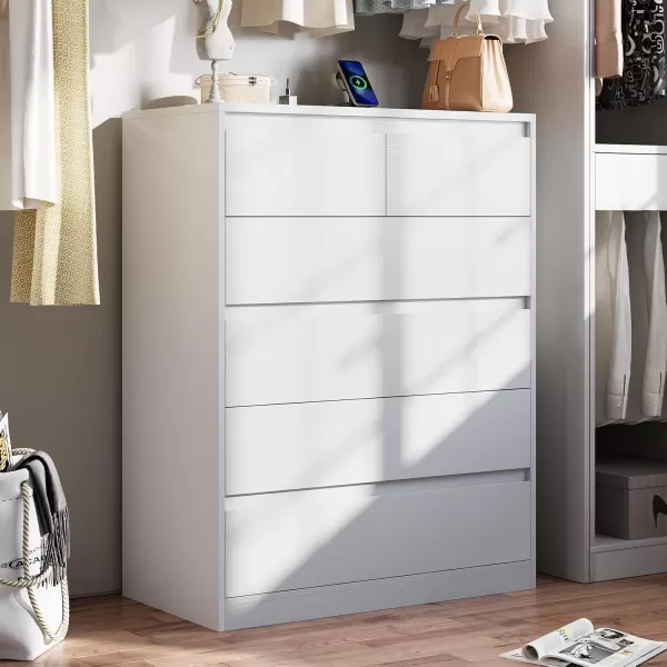 VIAGDO White 9 Drawer Dresser with Charging Station Wood Tall Chest of Drawers for Bedroom Modern Handleless Drawer Cabinet Large Capacity Storage Organizer for Living Room EntrywayWhite
