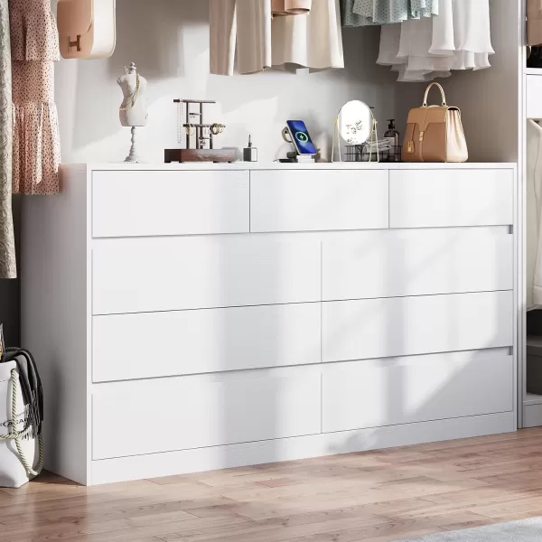 VIAGDO White 9 Drawer Dresser with Charging Station Wood Tall Chest of Drawers for Bedroom Modern Handleless Drawer Cabinet Large Capacity Storage Organizer for Living Room EntrywayWhite