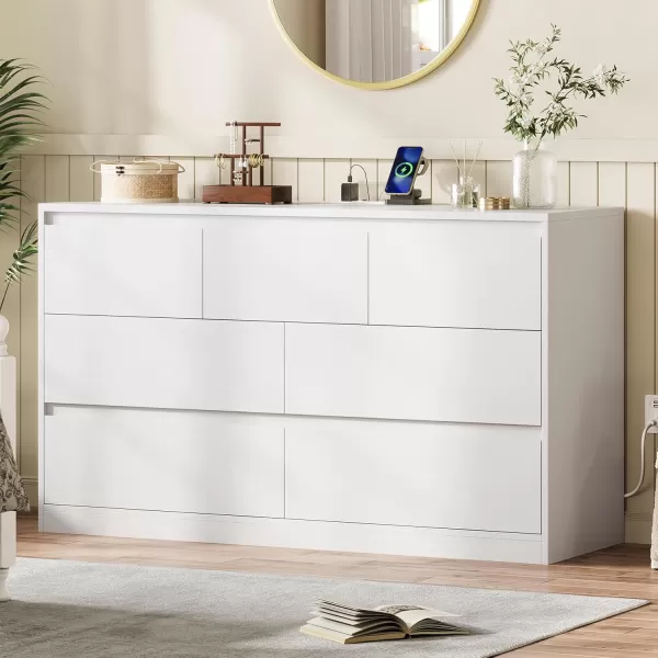 VIAGDO White 9 Drawer Dresser with Charging Station Wood Tall Chest of Drawers for Bedroom Modern Handleless Drawer Cabinet Large Capacity Storage Organizer for Living Room EntrywayWhite