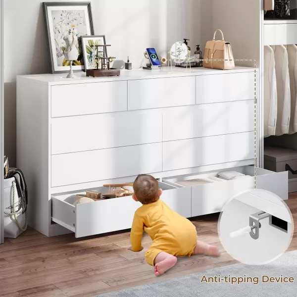 VIAGDO White 9 Drawer Dresser with Charging Station Wood Tall Chest of Drawers for Bedroom Modern Handleless Drawer Cabinet Large Capacity Storage Organizer for Living Room EntrywayWhite