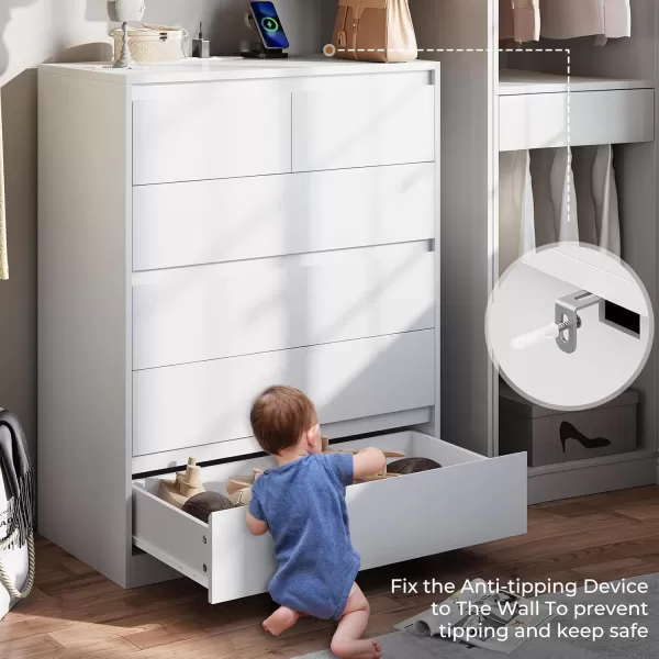 VIAGDO White 9 Drawer Dresser with Charging Station Wood Tall Chest of Drawers for Bedroom Modern Handleless Drawer Cabinet Large Capacity Storage Organizer for Living Room EntrywayWhite