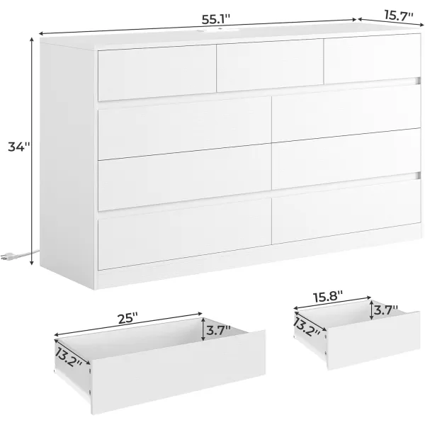 VIAGDO White 9 Drawer Dresser with Charging Station Wood Tall Chest of Drawers for Bedroom Modern Handleless Drawer Cabinet Large Capacity Storage Organizer for Living Room EntrywayWhite