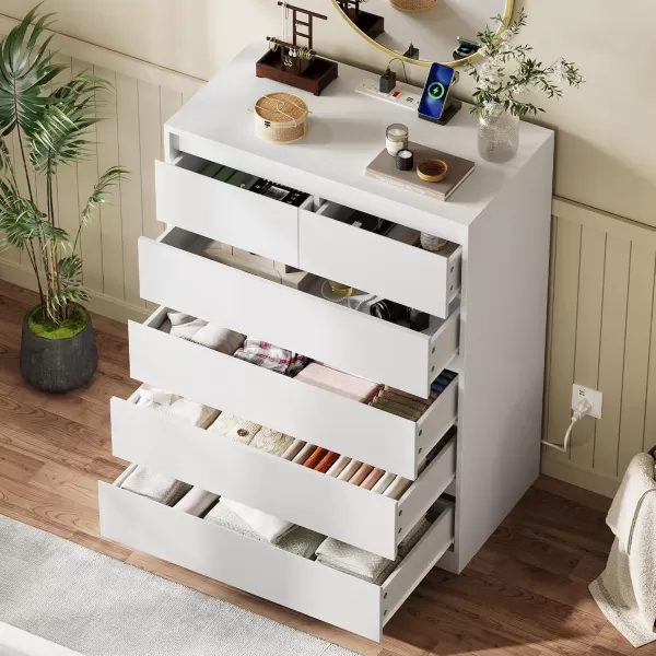 VIAGDO White 9 Drawer Dresser with Charging Station Wood Tall Chest of Drawers for Bedroom Modern Handleless Drawer Cabinet Large Capacity Storage Organizer for Living Room EntrywayWhite