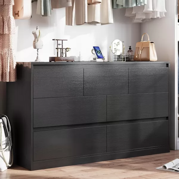 VIAGDO White 9 Drawer Dresser with Charging Station Wood Tall Chest of Drawers for Bedroom Modern Handleless Drawer Cabinet Large Capacity Storage Organizer for Living Room EntrywayBlack