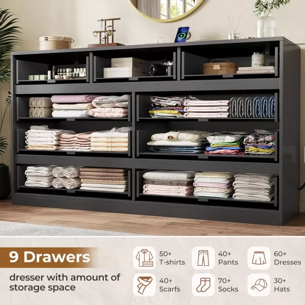 VIAGDO White 9 Drawer Dresser with Charging Station Wood Tall Chest of Drawers for Bedroom Modern Handleless Drawer Cabinet Large Capacity Storage Organizer for Living Room EntrywayBlack