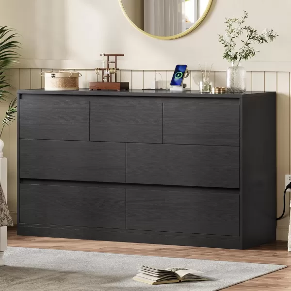 VIAGDO White 9 Drawer Dresser with Charging Station Wood Tall Chest of Drawers for Bedroom Modern Handleless Drawer Cabinet Large Capacity Storage Organizer for Living Room EntrywayBlack