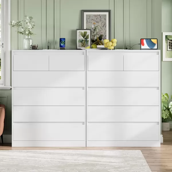 VIAGDO White 9 Drawer Dresser with Charging Station Wood Tall Chest of Drawers for Bedroom Modern Handleless Drawer Cabinet Large Capacity Storage Organizer for Living Room EntrywayWhite