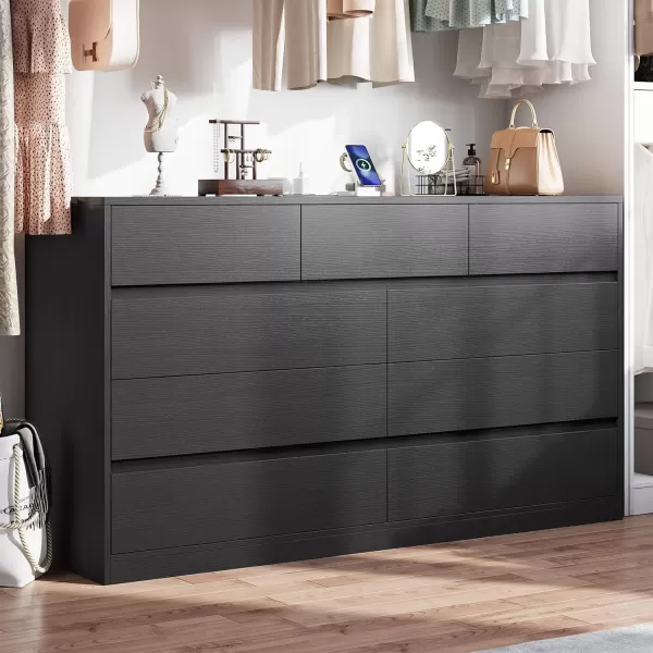 VIAGDO White 9 Drawer Dresser with Charging Station Wood Tall Chest of Drawers for Bedroom Modern Handleless Drawer Cabinet Large Capacity Storage Organizer for Living Room EntrywayBlack