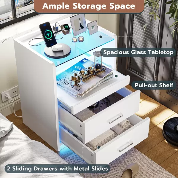 VIAGDO White Nightstand with Charging Station and LED Lights 2 Drawers LED Night Stand with Tempered Glass Tabletop Modern End Side Tables with PullOut Tray Open Storage Bedside TablesWhite