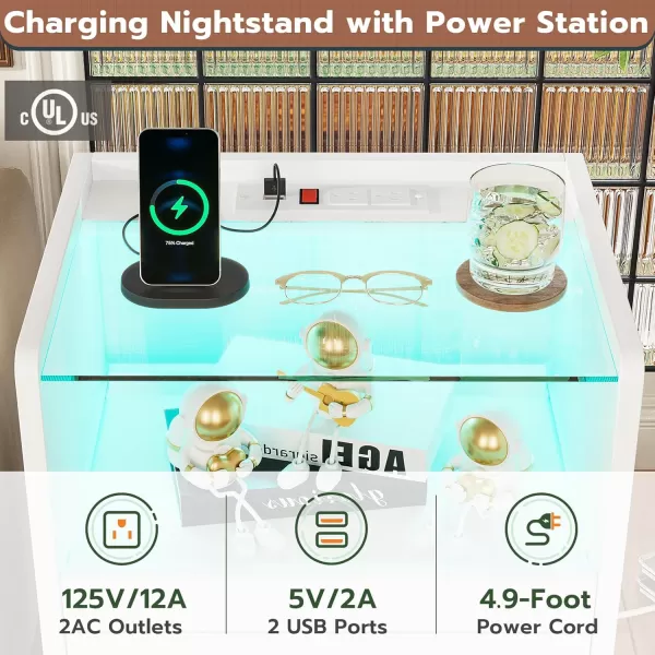 VIAGDO White Nightstand with Charging Station and LED Lights 2 Drawers LED Night Stand with Tempered Glass Tabletop Modern End Side Tables with PullOut Tray Open Storage Bedside TablesWhite