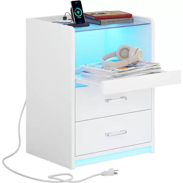 VIAGDO White Nightstand with Charging Station and LED Lights 2 Drawers LED Night Stand with Tempered Glass Tabletop Modern End Side Tables with PullOut Tray Open Storage Bedside TablesWhite