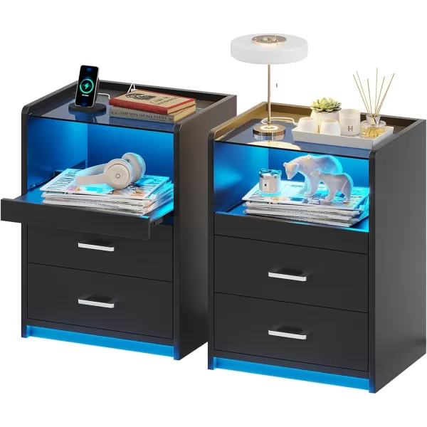 VIAGDO White Nightstand with Charging Station and LED Lights 2 Drawers LED Night Stand with Tempered Glass Tabletop Modern End Side Tables with PullOut Tray Open Storage Bedside TablesBlack