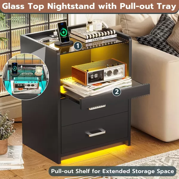 VIAGDO White Nightstand with Charging Station and LED Lights 2 Drawers LED Night Stand with Tempered Glass Tabletop Modern End Side Tables with PullOut Tray Open Storage Bedside TablesBlack