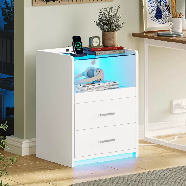 VIAGDO White Nightstand with Charging Station and LED Lights 2 Drawers LED Night Stand with Tempered Glass Tabletop Modern End Side Tables with PullOut Tray Open Storage Bedside TablesWhite