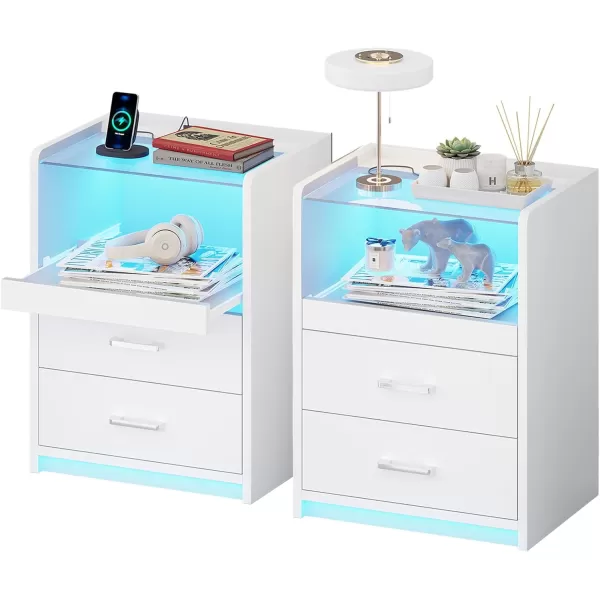 VIAGDO White Nightstand with Charging Station and LED Lights 2 Drawers LED Night Stand with Tempered Glass Tabletop Modern End Side Tables with PullOut Tray Open Storage Bedside TablesWhite