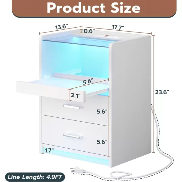 VIAGDO White Nightstand with Charging Station and LED Lights 2 Drawers LED Night Stand with Tempered Glass Tabletop Modern End Side Tables with PullOut Tray Open Storage Bedside TablesWhite