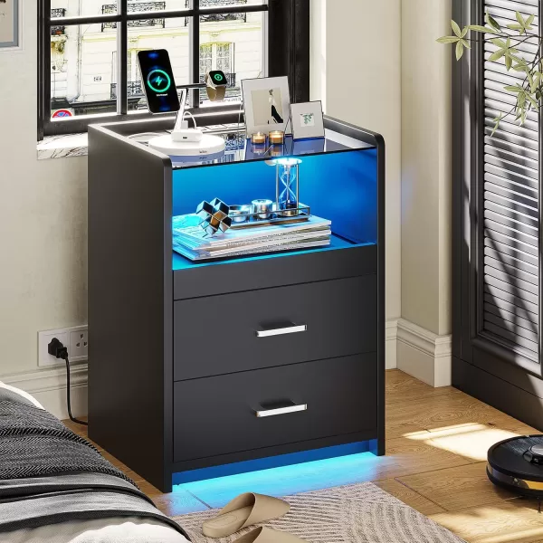 VIAGDO White Nightstand with Charging Station and LED Lights 2 Drawers LED Night Stand with Tempered Glass Tabletop Modern End Side Tables with PullOut Tray Open Storage Bedside TablesBlack