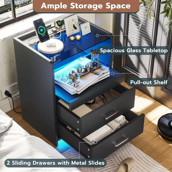 VIAGDO White Nightstand with Charging Station and LED Lights 2 Drawers LED Night Stand with Tempered Glass Tabletop Modern End Side Tables with PullOut Tray Open Storage Bedside TablesBlack
