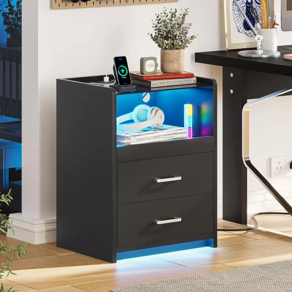 VIAGDO White Nightstand with Charging Station and LED Lights 2 Drawers LED Night Stand with Tempered Glass Tabletop Modern End Side Tables with PullOut Tray Open Storage Bedside TablesBlack