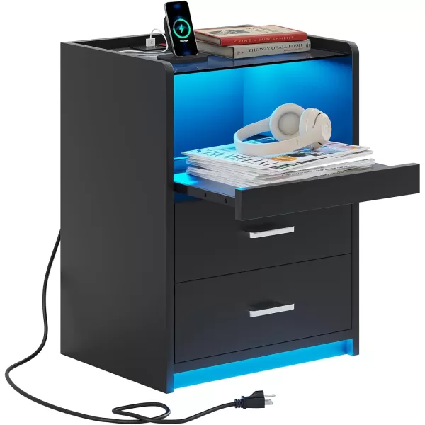 VIAGDO White Nightstand with Charging Station and LED Lights 2 Drawers LED Night Stand with Tempered Glass Tabletop Modern End Side Tables with PullOut Tray Open Storage Bedside TablesBlack