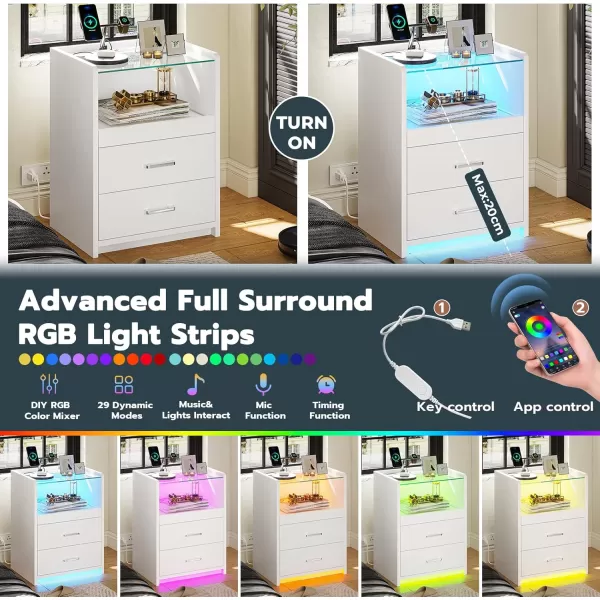 VIAGDO White Nightstand with Charging Station and LED Lights 2 Drawers LED Night Stand with Tempered Glass Tabletop Modern End Side Tables with PullOut Tray Open Storage Bedside TablesWhite