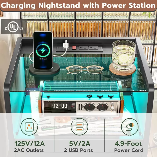 VIAGDO White Nightstand with Charging Station and LED Lights 2 Drawers LED Night Stand with Tempered Glass Tabletop Modern End Side Tables with PullOut Tray Open Storage Bedside TablesBlack