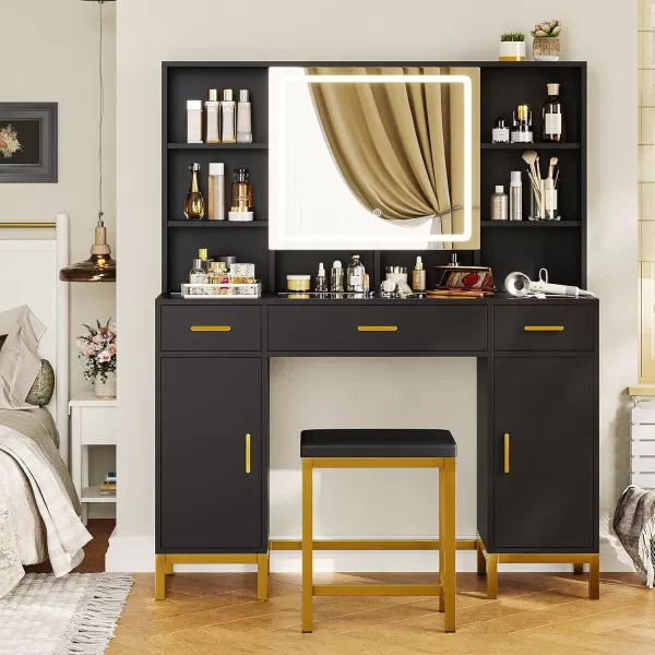 Vanity Desk with Openable Mirror and Lights Glass Tabletop Makeup Vanity Set with Charging Station Black Vanity Table with 3 Drawers ampamp 2 Cabinets DIY Drawer Dividers Hidden HooksBlack