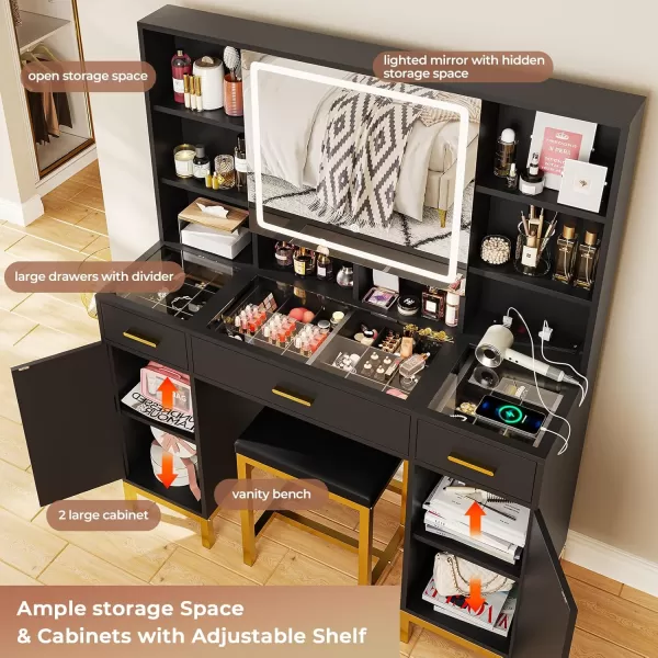 Vanity Desk with Openable Mirror and Lights Glass Tabletop Makeup Vanity Set with Charging Station Black Vanity Table with 3 Drawers ampamp 2 Cabinets DIY Drawer Dividers Hidden HooksBlack