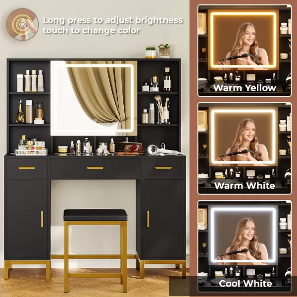 Vanity Desk with Openable Mirror and Lights Glass Tabletop Makeup Vanity Set with Charging Station Black Vanity Table with 3 Drawers ampamp 2 Cabinets DIY Drawer Dividers Hidden HooksBlack