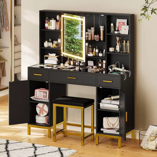 Vanity Desk with Openable Mirror and Lights Glass Tabletop Makeup Vanity Set with Charging Station Black Vanity Table with 3 Drawers ampamp 2 Cabinets DIY Drawer Dividers Hidden HooksBlack