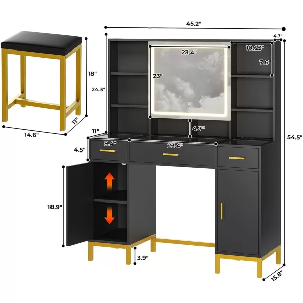 Vanity Desk with Openable Mirror and Lights Glass Tabletop Makeup Vanity Set with Charging Station Black Vanity Table with 3 Drawers ampamp 2 Cabinets DIY Drawer Dividers Hidden HooksBlack