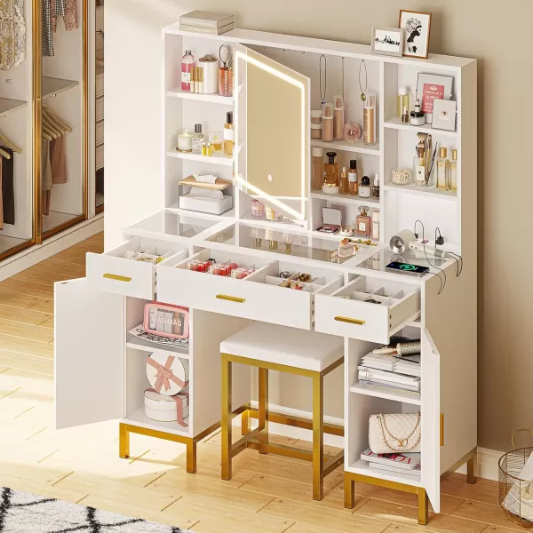 Vanity Desk with Openable Mirror and Lights Glass Tabletop Makeup Vanity Set with Charging Station Black Vanity Table with 3 Drawers ampamp 2 Cabinets DIY Drawer Dividers Hidden HooksWhite