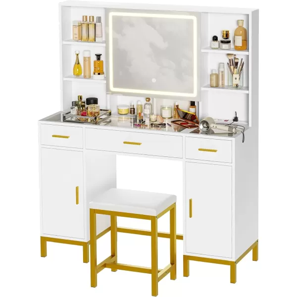 Vanity Desk with Openable Mirror and Lights Glass Tabletop Makeup Vanity Set with Charging Station Black Vanity Table with 3 Drawers ampamp 2 Cabinets DIY Drawer Dividers Hidden HooksWhite