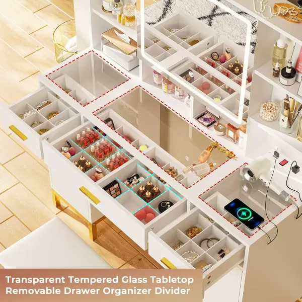 Vanity Desk with Openable Mirror and Lights Glass Tabletop Makeup Vanity Set with Charging Station Black Vanity Table with 3 Drawers ampamp 2 Cabinets DIY Drawer Dividers Hidden HooksWhite