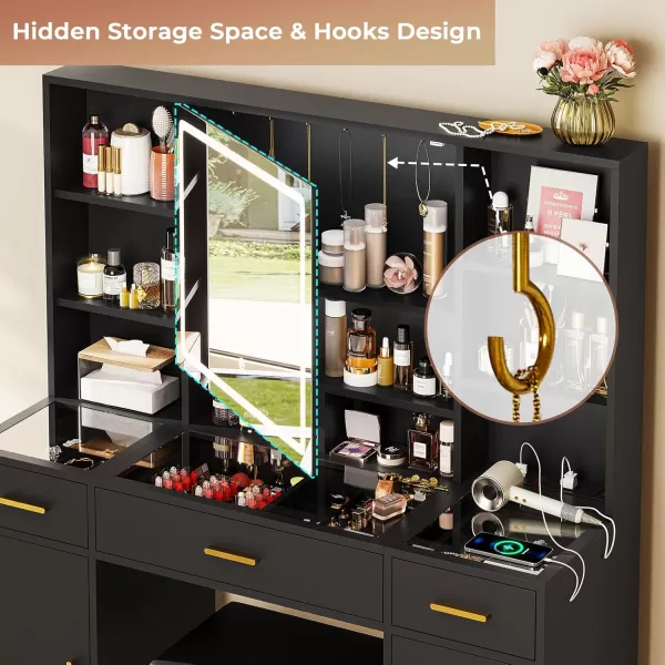 Vanity Desk with Openable Mirror and Lights Glass Tabletop Makeup Vanity Set with Charging Station Black Vanity Table with 3 Drawers ampamp 2 Cabinets DIY Drawer Dividers Hidden HooksBlack