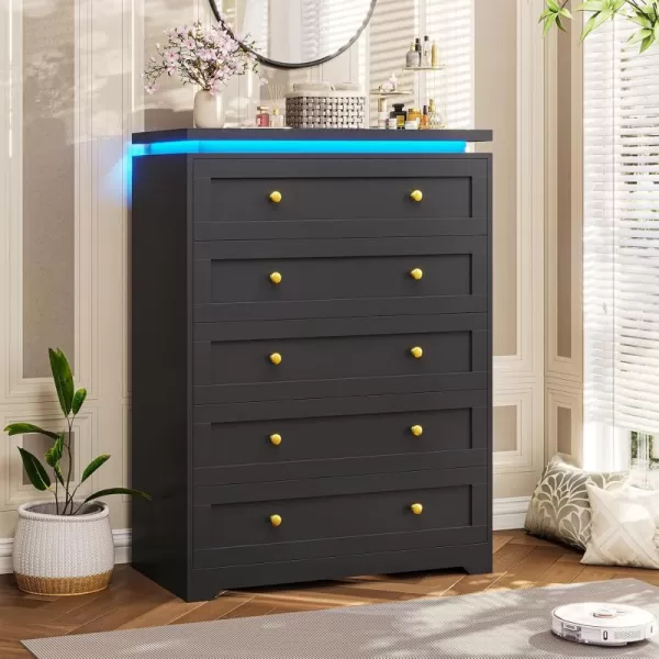 VIAGDO 5 Drawer Dresser for Bedroom with LED Lights Modern Black Chest of Drawers with Gold Metal Handle Large Capacity Wood Dresser 453quot Tall Dresser for Closet Entryway NurseryBlack